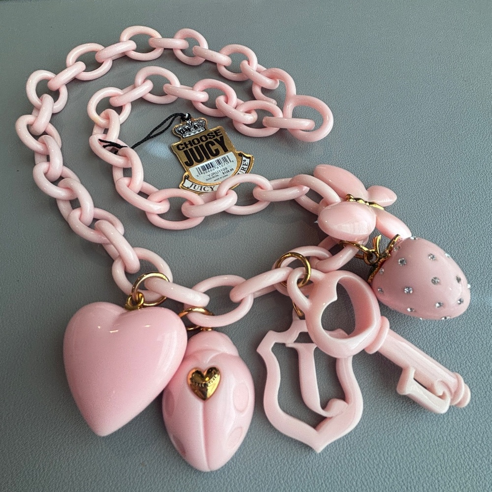Vintage Juicy Couture Y2K Pink Charm Necklace Heart Ladybug Key Strawberry